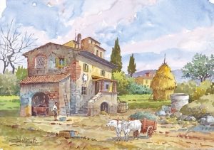 03 Vita Rurale - Casa colonica con, nell'aia, i buoi al carro, il pozzo e il pagliaio