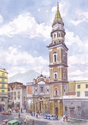 41 Napoli - Chiesa del Carmine con, sullo sfondo, il Vesuvio